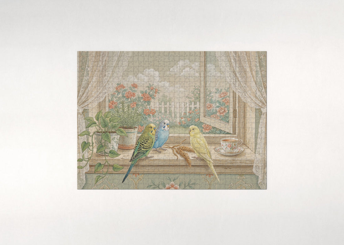Budgies on the Sunny Windowsill jigsaw puzzle - gift box