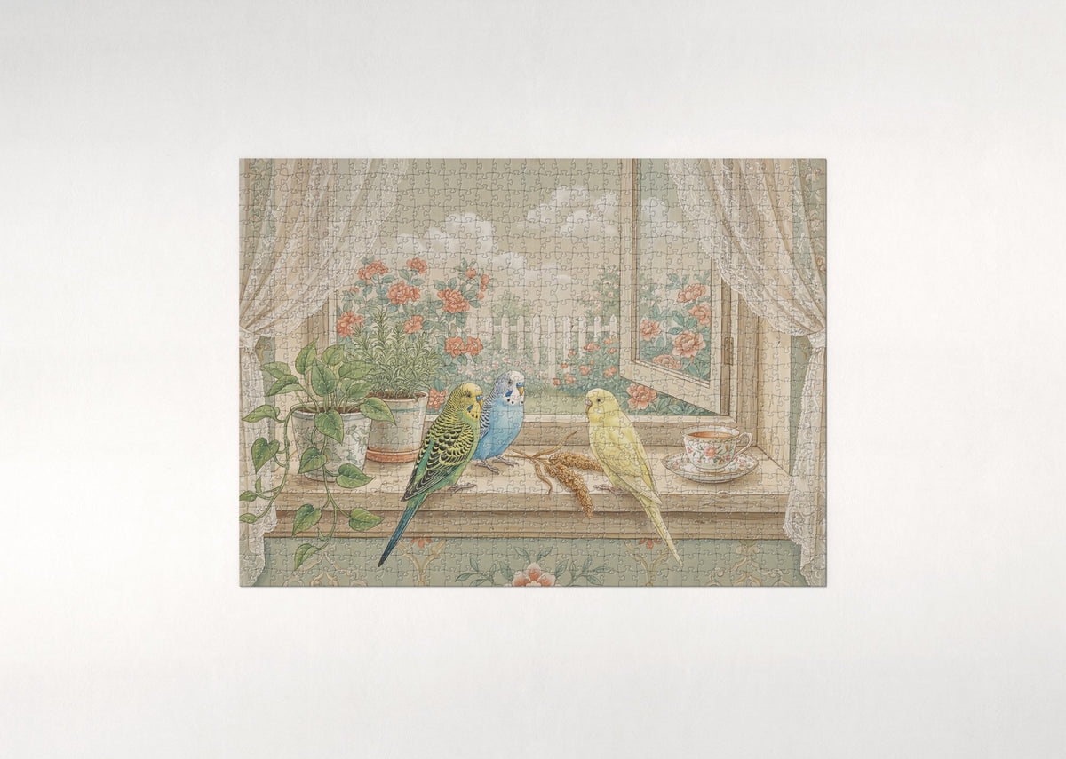 Budgies on the Sunny Windowsill jigsaw puzzle - flat puzzle