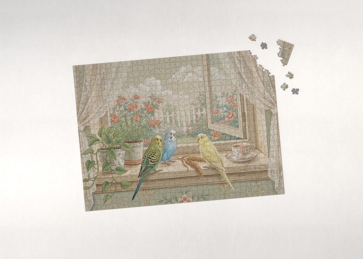 Budgies on the Sunny Windowsill jigsaw puzzle - puzzle with loose pieces