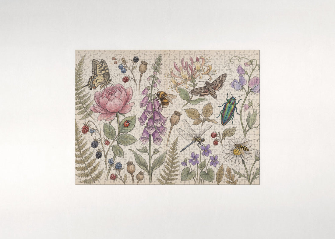 Bugs and Blooms Botanical Collage jigsaw puzzle - gift box