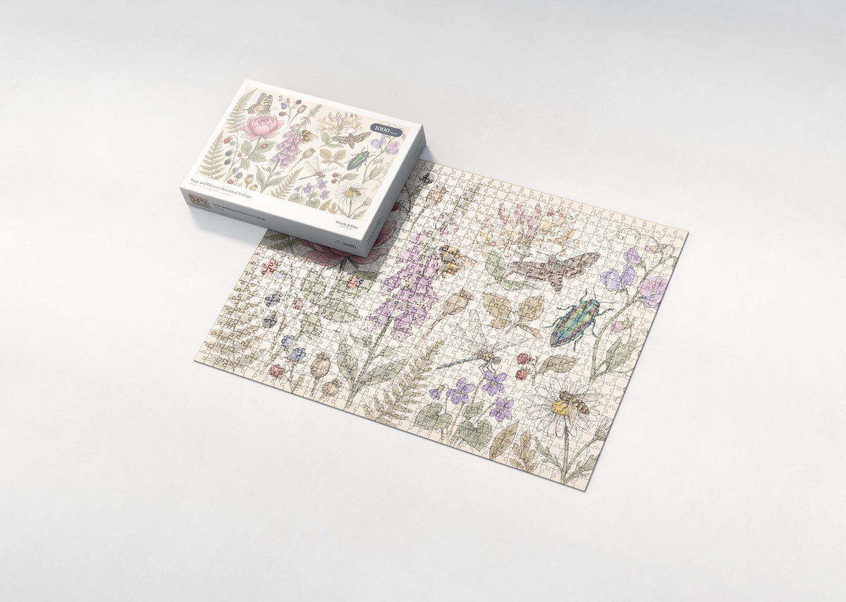 Bugs and Blooms Botanical Collage jigsaw puzzle - box and puzzle