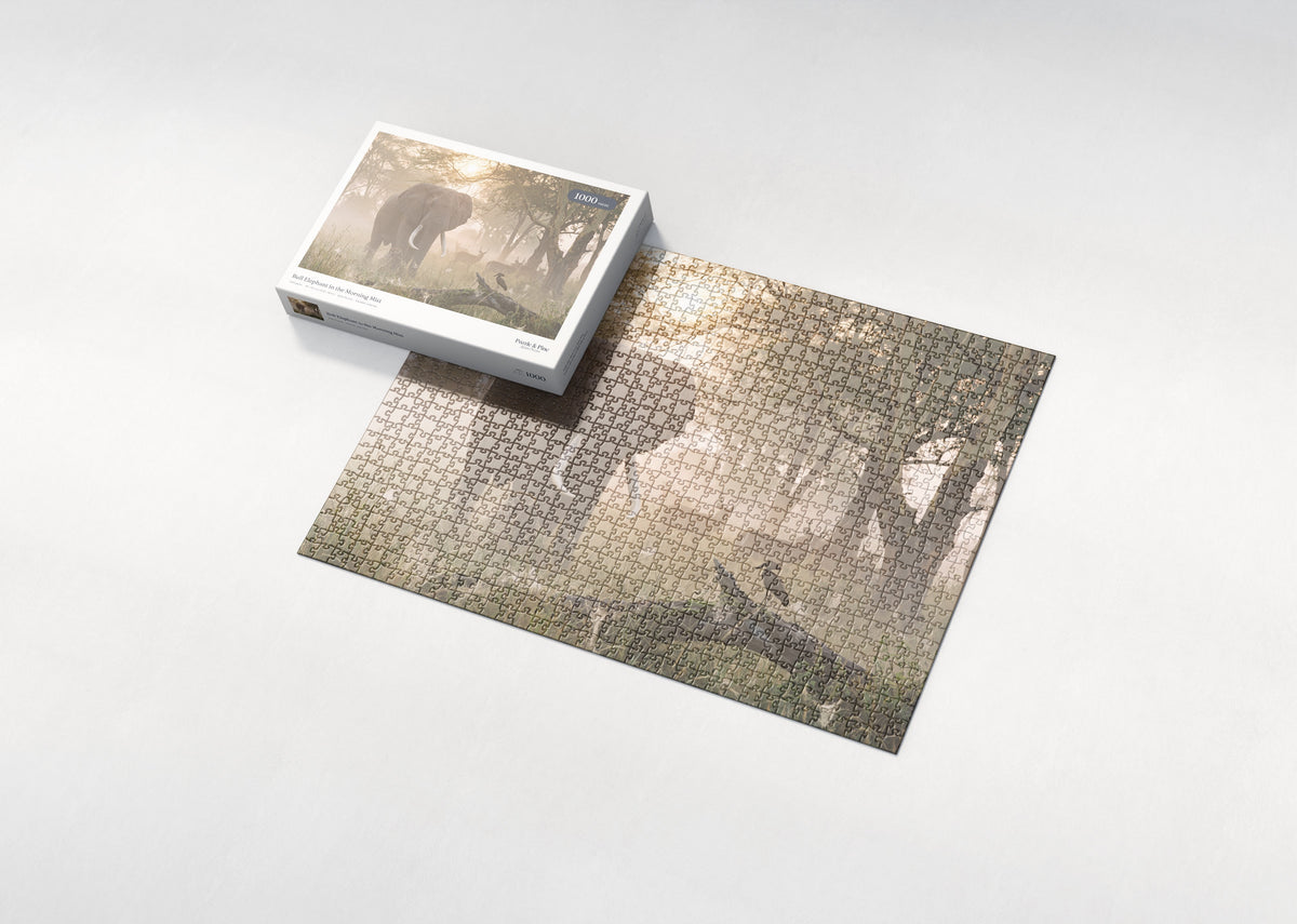 Bull Elephant in the Morning Mist jigsaw puzzle - box and puzzle