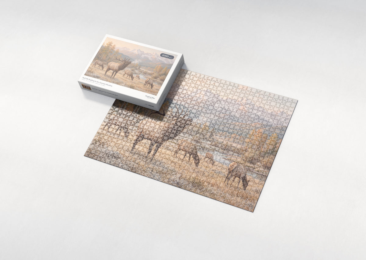 Bull Elk Bugling in the Autumn Meadow jigsaw puzzle - box and puzzle