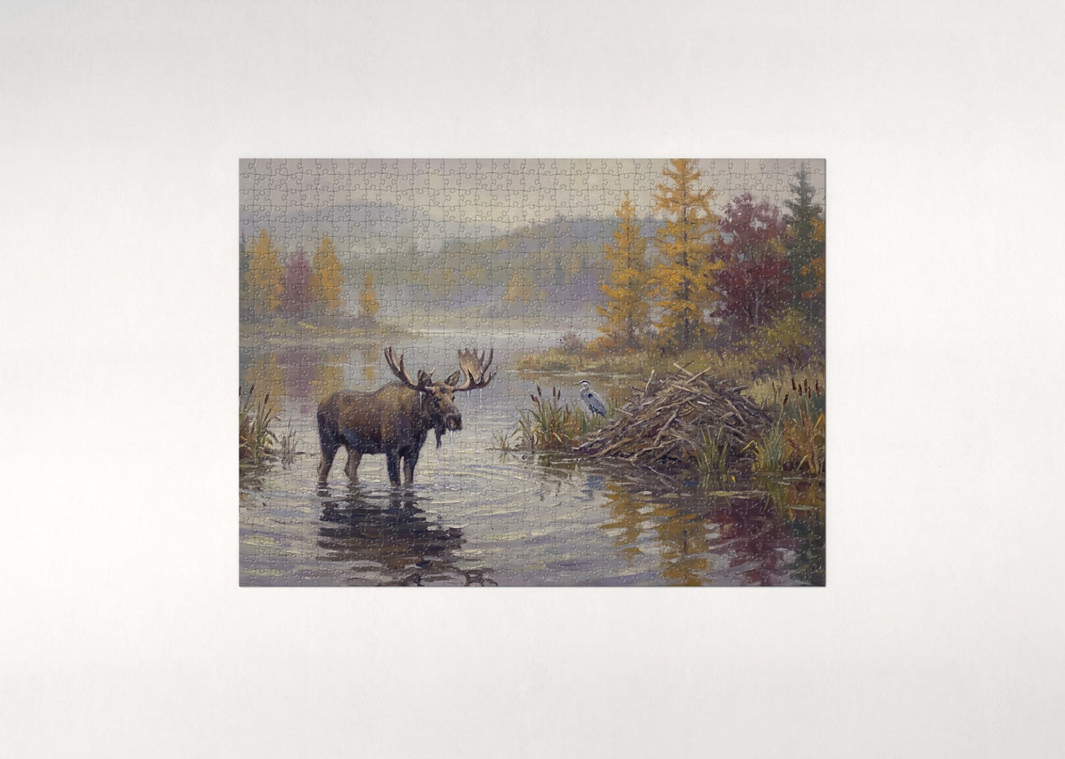 Bull Moose in the Autumn Pond jigsaw puzzle - flat puzzle