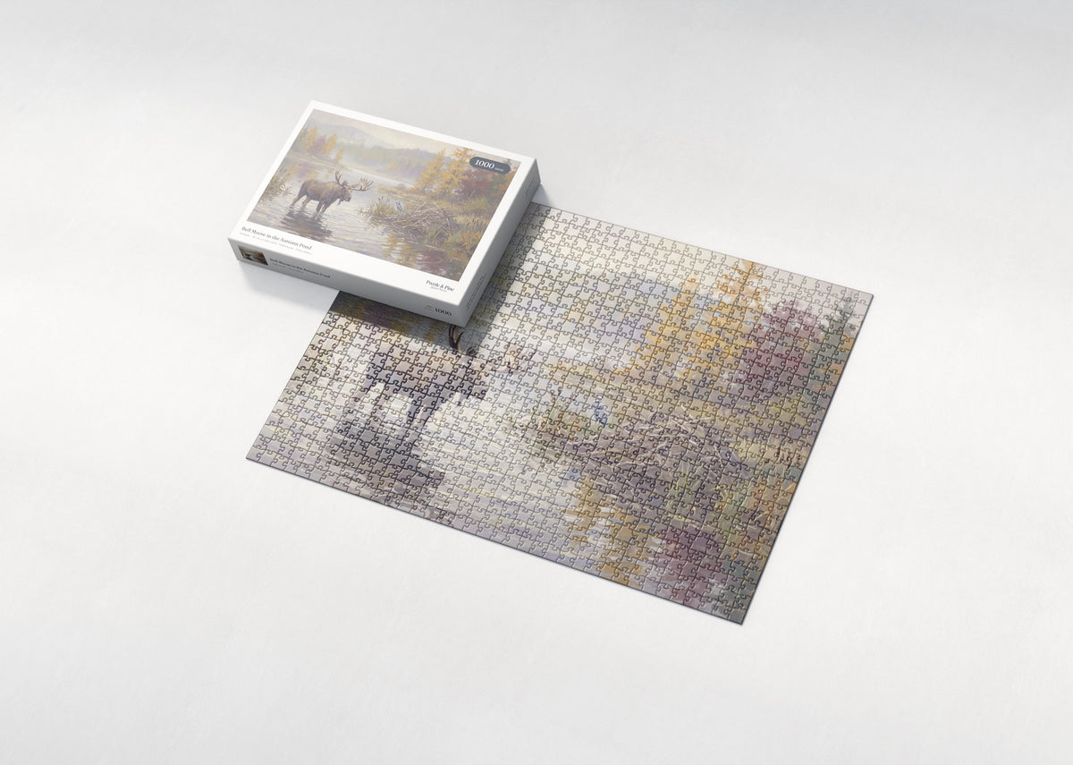 Bull Moose in the Autumn Pond jigsaw puzzle - box and puzzle