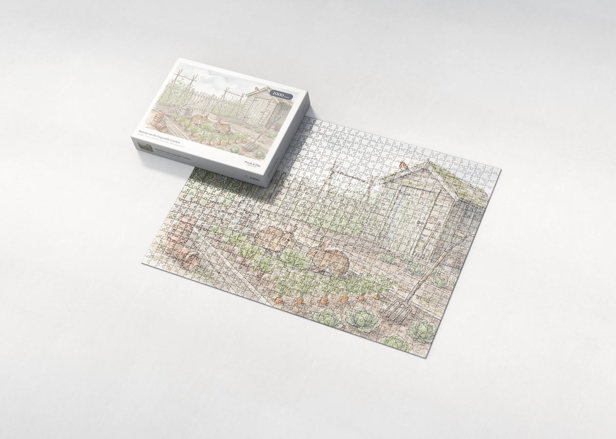 Bunnies in the Vegetable Garden jigsaw puzzle - box and puzzle