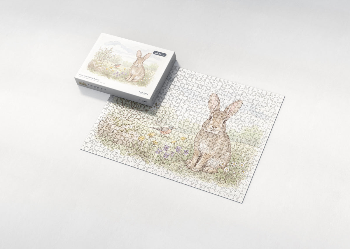 Bunny in the Spring Meadow jigsaw puzzle - box and puzzle