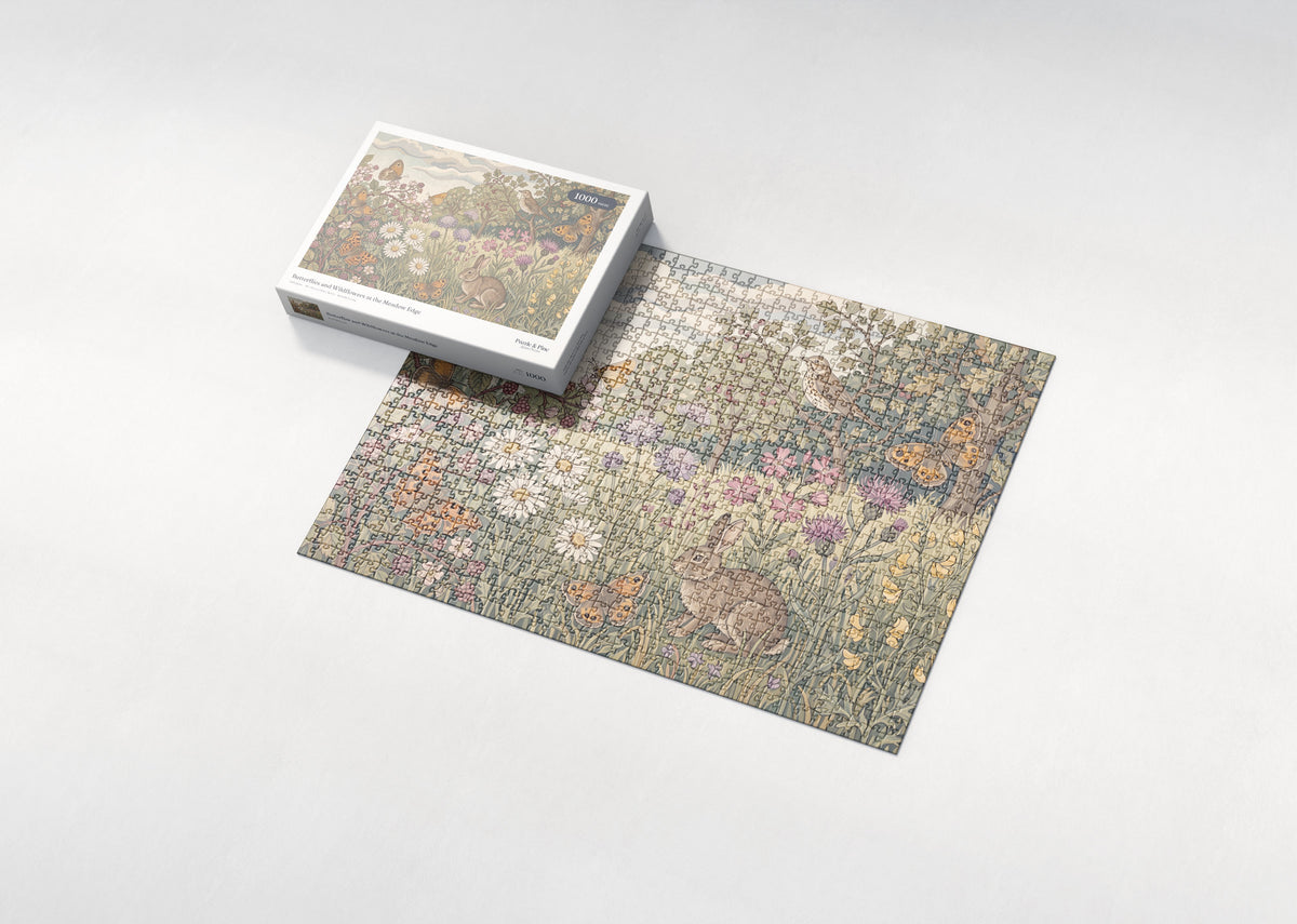 Butterflies and Wildflowers at the Meadow Edge jigsaw puzzle - box and puzzle