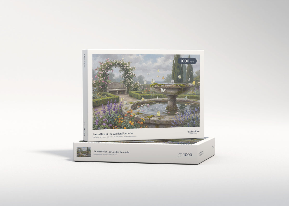 Butterflies at the Garden Fountain jigsaw puzzle - gift box