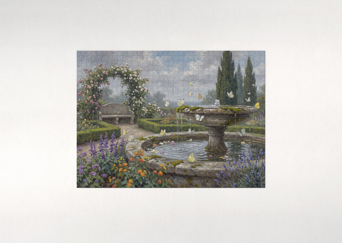 Butterflies at the Garden Fountain jigsaw puzzle - gift box