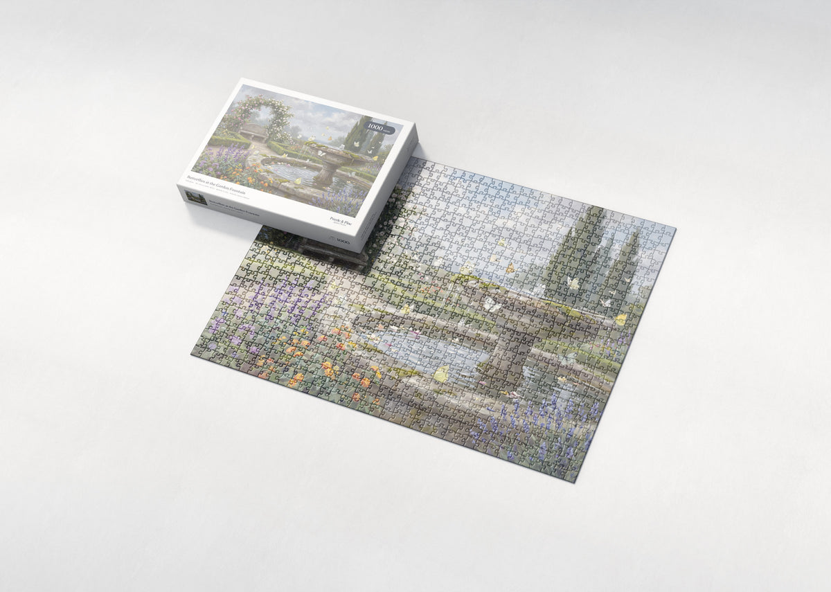 Butterflies at the Garden Fountain jigsaw puzzle - box and puzzle