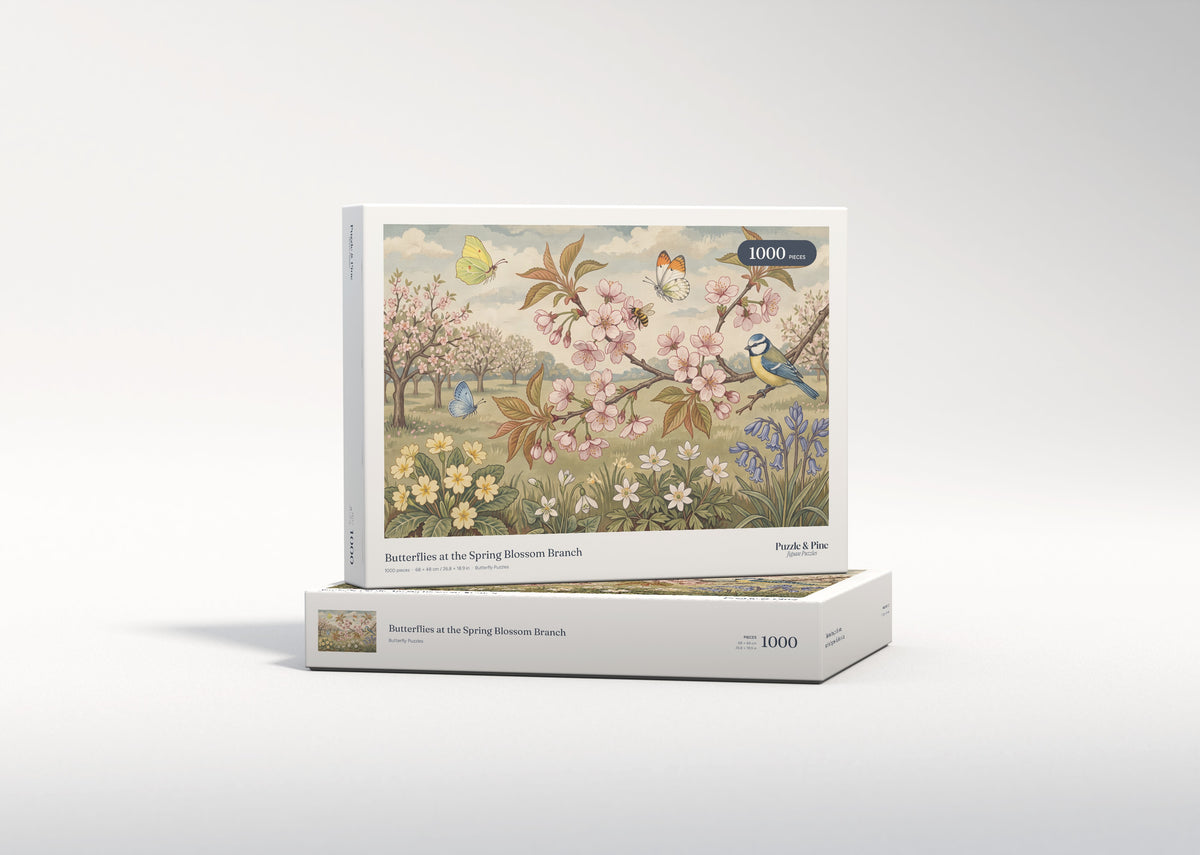 Butterflies at the Spring Blossom Branch jigsaw puzzle - gift box