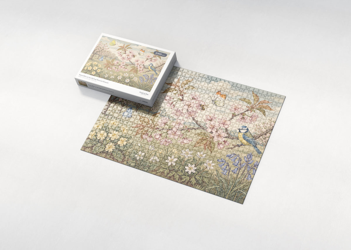 Butterflies at the Spring Blossom Branch jigsaw puzzle - box and puzzle
