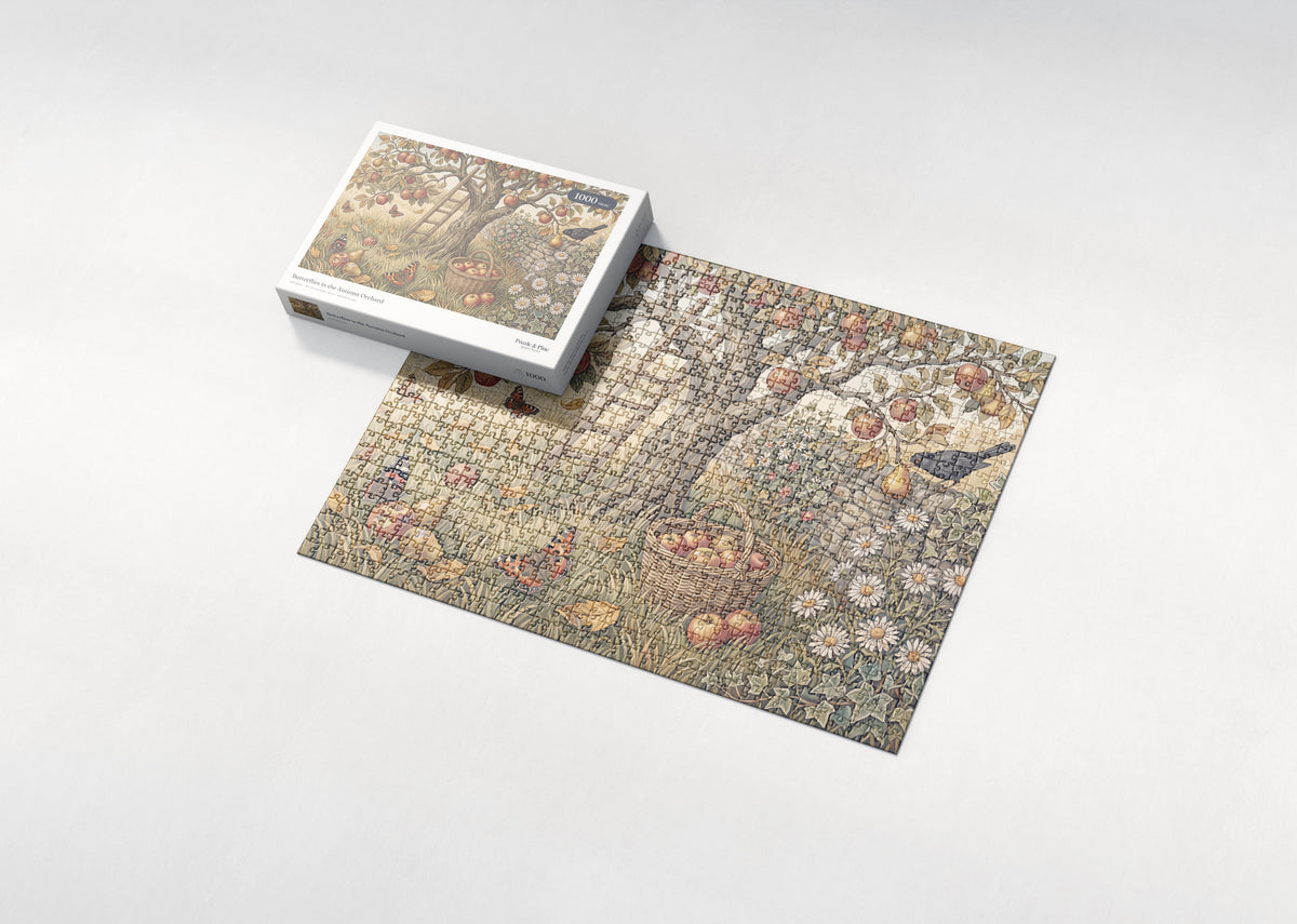 Butterflies in the Autumn Orchard jigsaw puzzle - box and puzzle