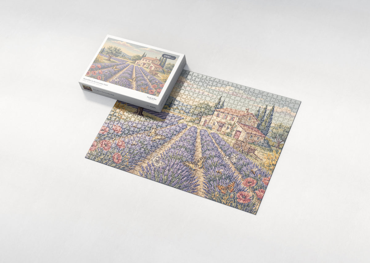 Butterflies in the Lavender Field jigsaw puzzle - box and puzzle