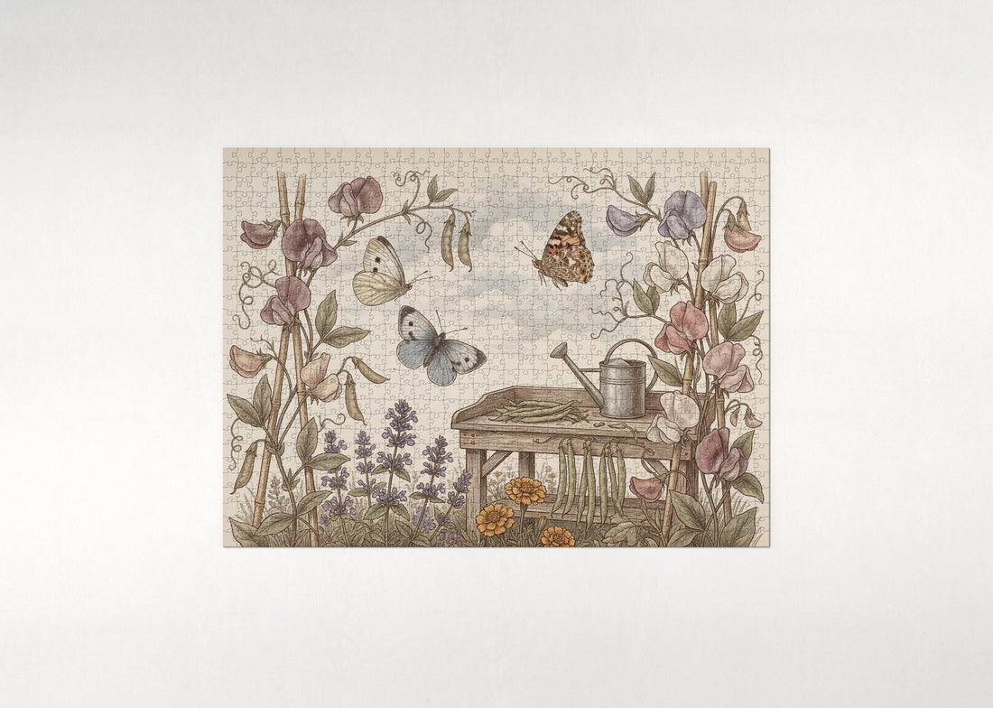 Butterflies in the Sweet Pea Garden jigsaw puzzle - gift box