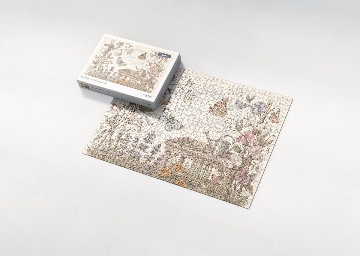 Butterflies in the Sweet Pea Garden jigsaw puzzle - box and puzzle