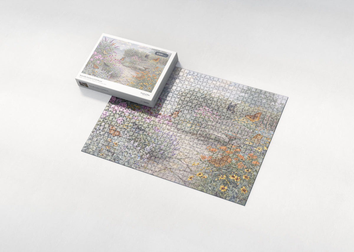 Butterfly Garden in Full Bloom jigsaw puzzle - box and puzzle