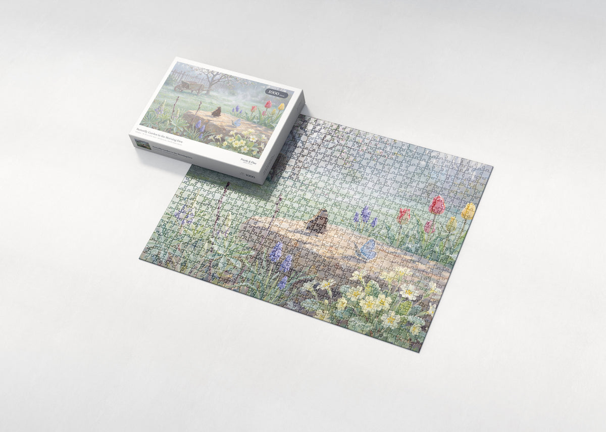 Butterfly Garden in the Morning Dew jigsaw puzzle - box and puzzle