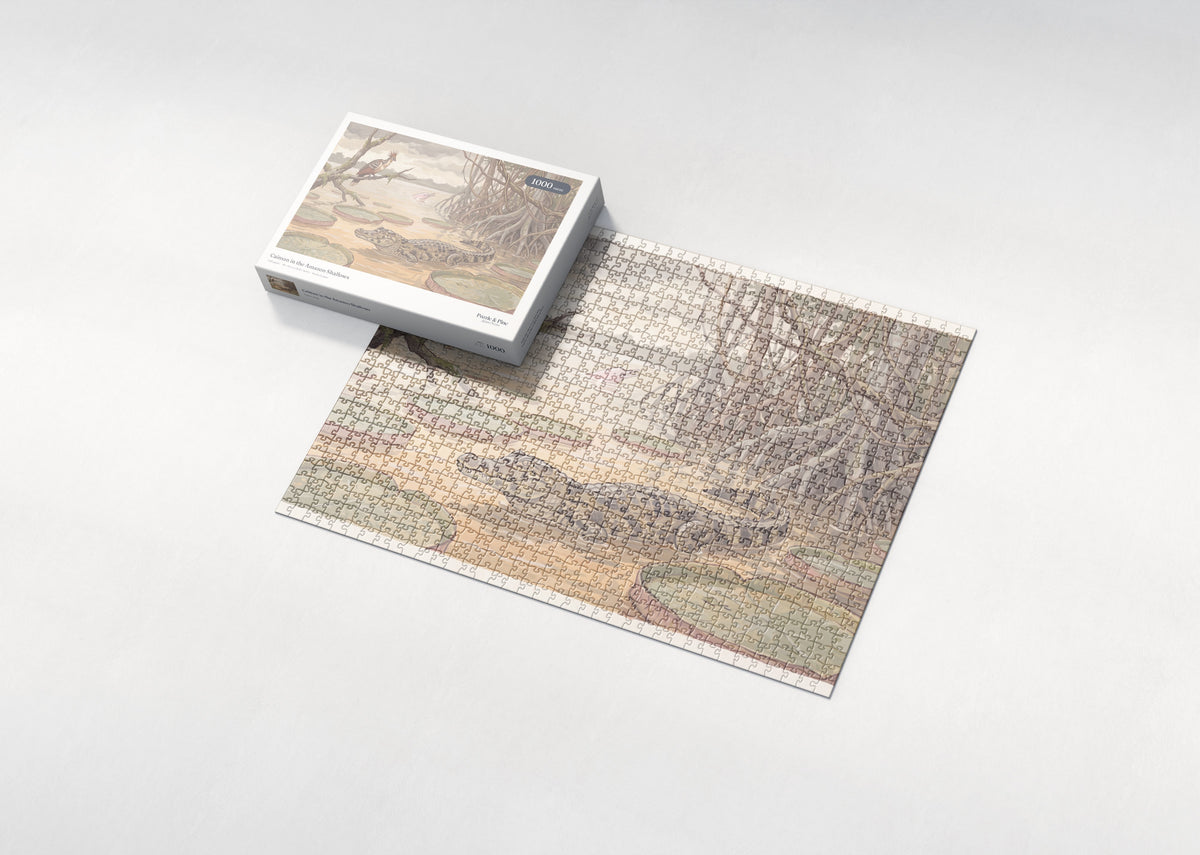 Caiman in the Amazon Shallows jigsaw puzzle - box and puzzle
