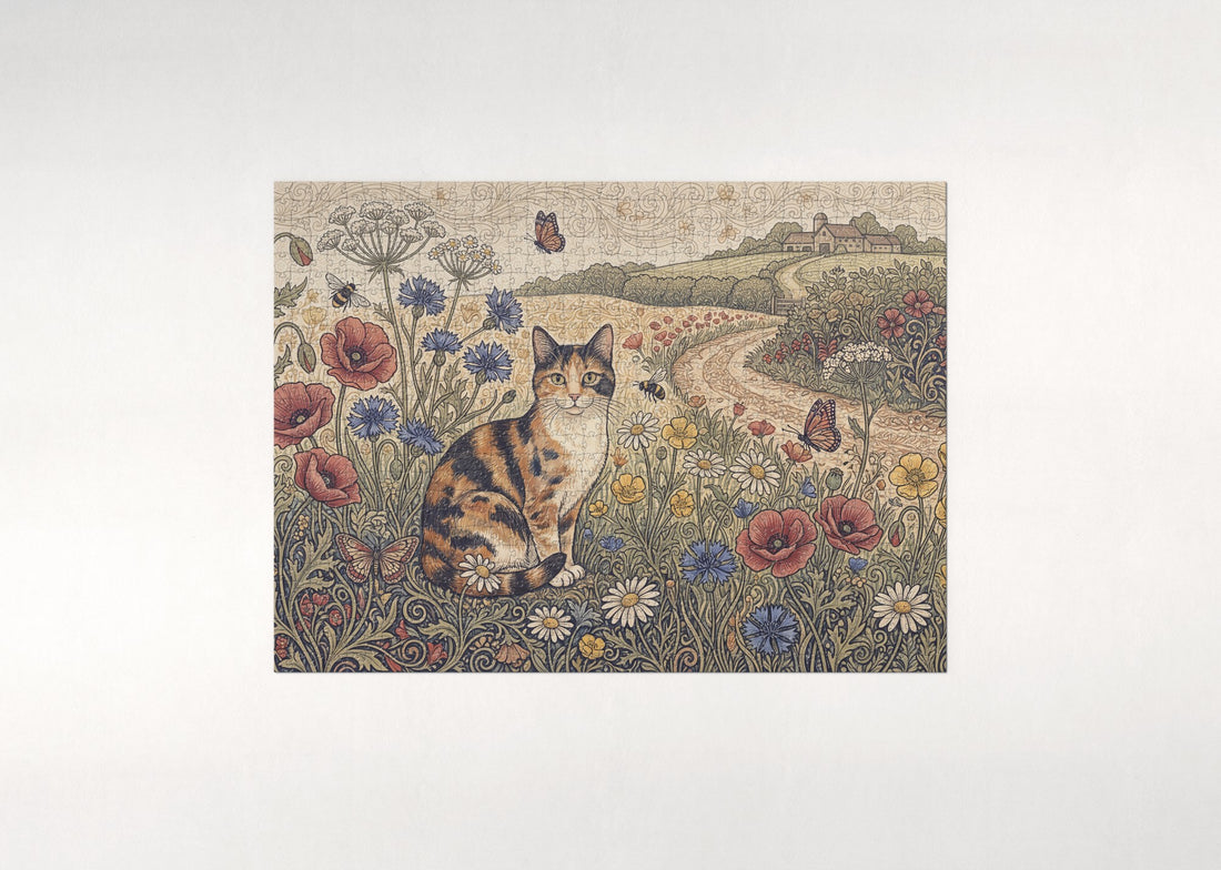 Calico Cat Among the Wildflowers jigsaw puzzle - gift box