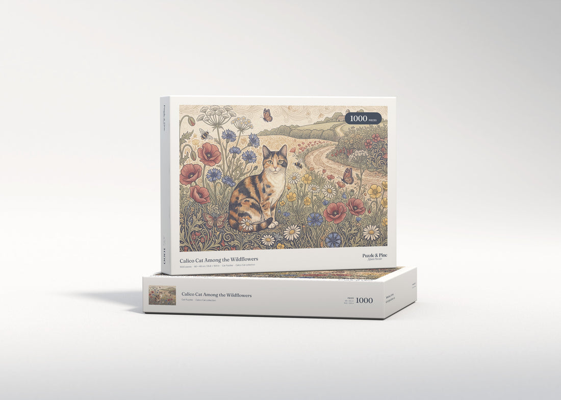 Calico Cat Among the Wildflowers jigsaw puzzle - gift box
