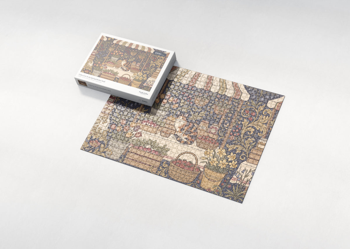 Calico Cat At the Spring Market Stall jigsaw puzzle - box and puzzle