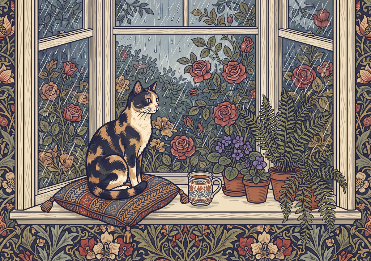 Calico Cat By the Bay Window in the Rain jigsaw puzzle