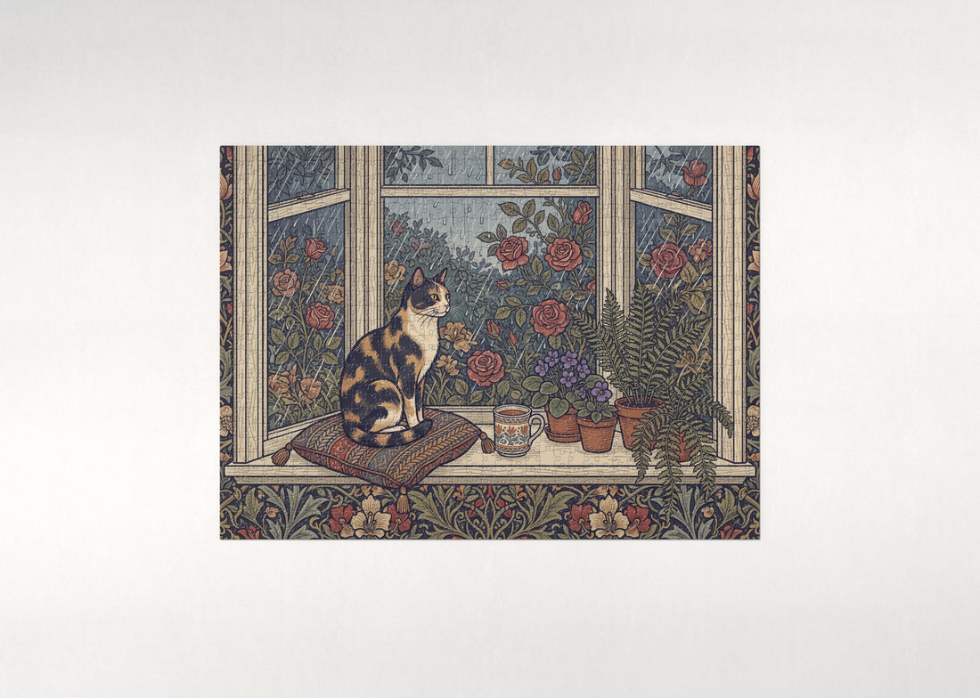 Calico Cat By the Bay Window in the Rain jigsaw puzzle - gift box