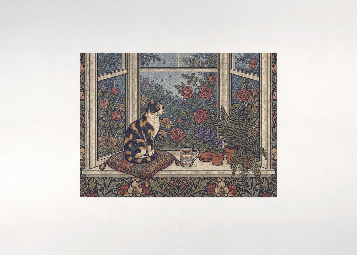 Calico Cat By the Bay Window in the Rain jigsaw puzzle - flat puzzle