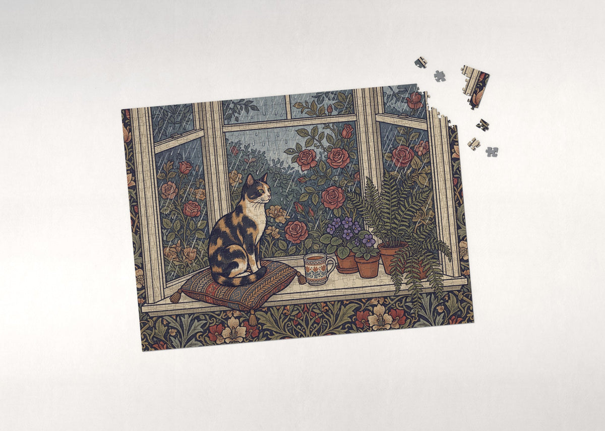 Calico Cat By the Bay Window in the Rain jigsaw puzzle - puzzle with loose pieces