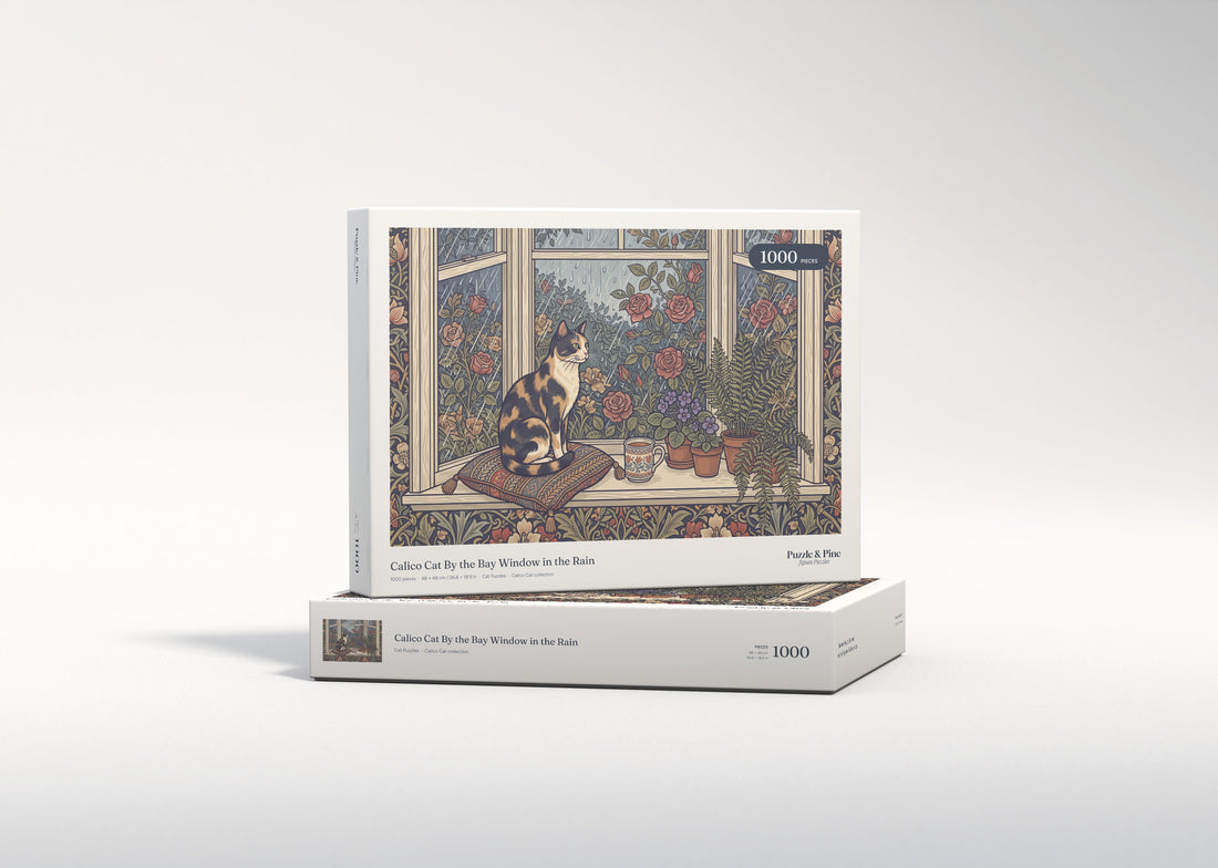 Calico Cat By the Bay Window in the Rain jigsaw puzzle - gift box