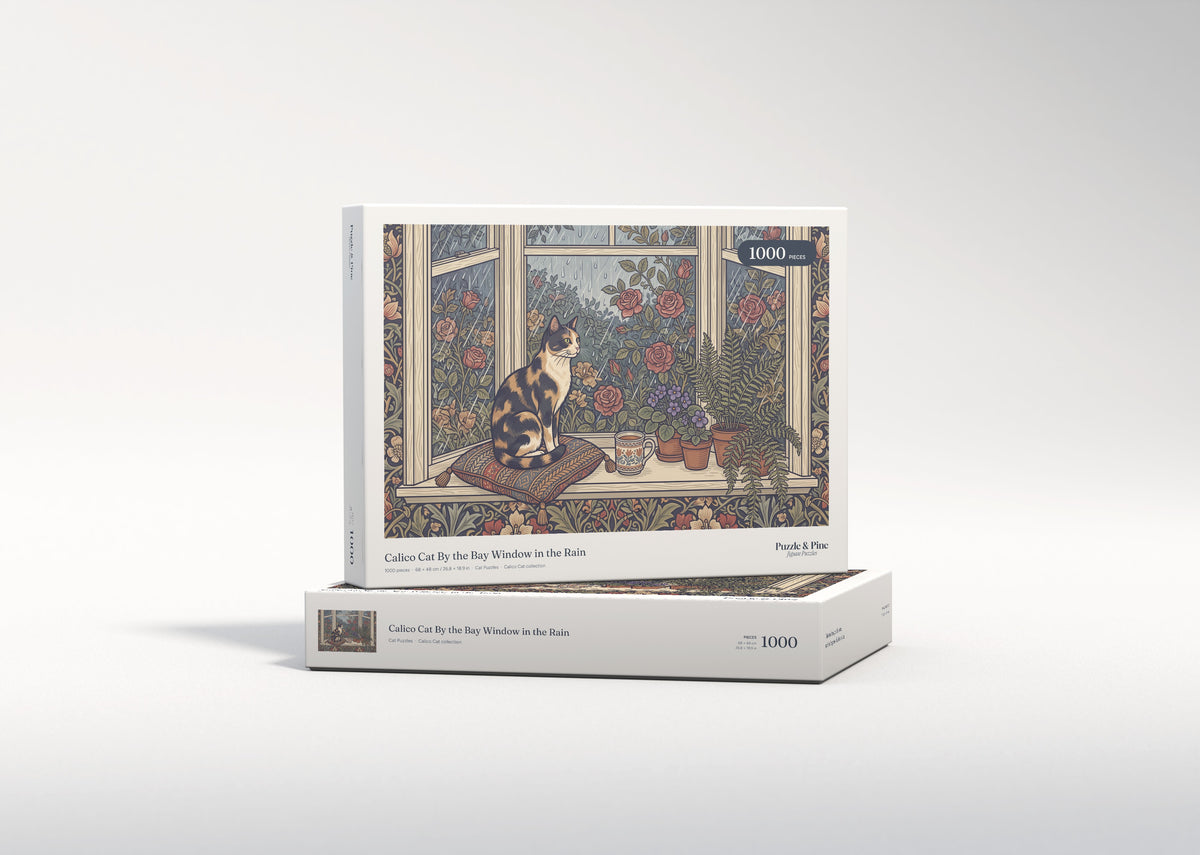 Calico Cat By the Bay Window in the Rain jigsaw puzzle - gift box