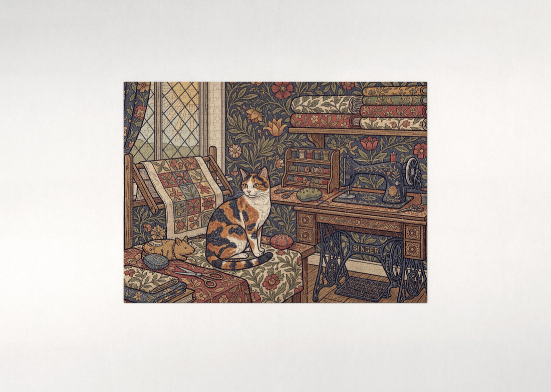 Calico Cat In the Quilting Room jigsaw puzzle - gift box