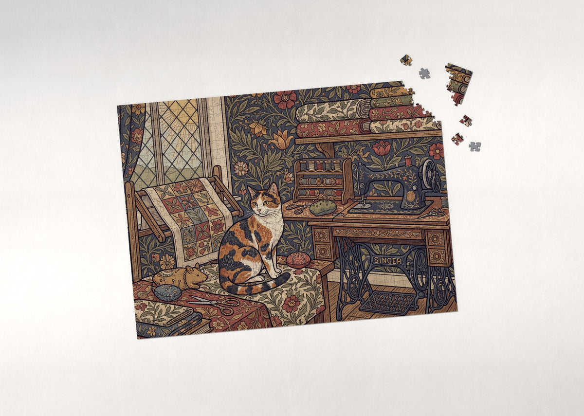 Calico Cat In the Quilting Room jigsaw puzzle - puzzle with loose pieces