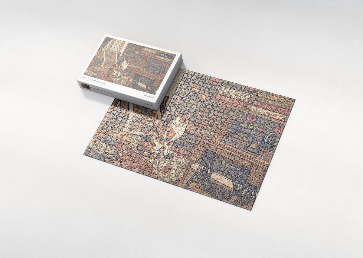 Calico Cat In the Quilting Room jigsaw puzzle - box and puzzle