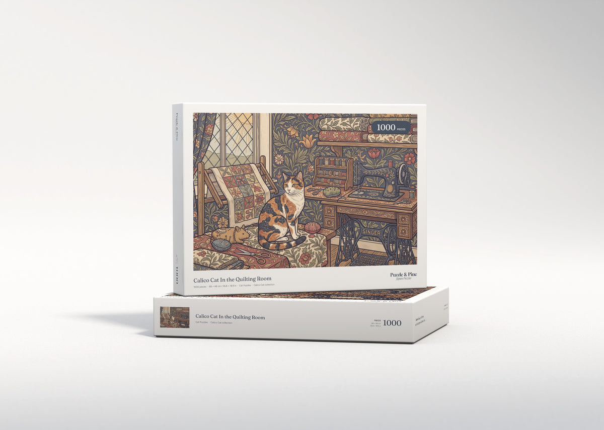 Calico Cat In the Quilting Room jigsaw puzzle - gift box