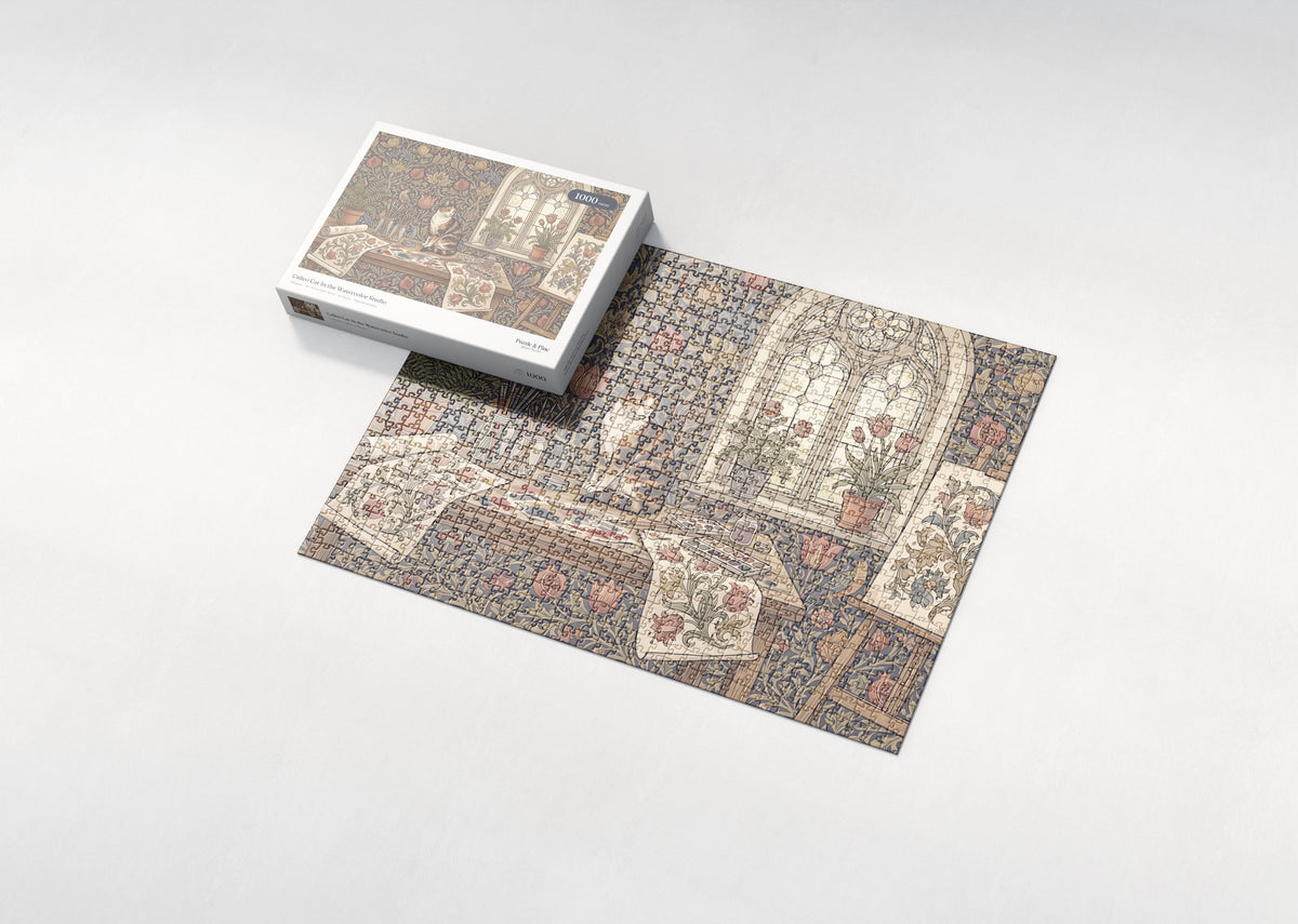 Calico Cat In the Watercolor Studio jigsaw puzzle - box and puzzle