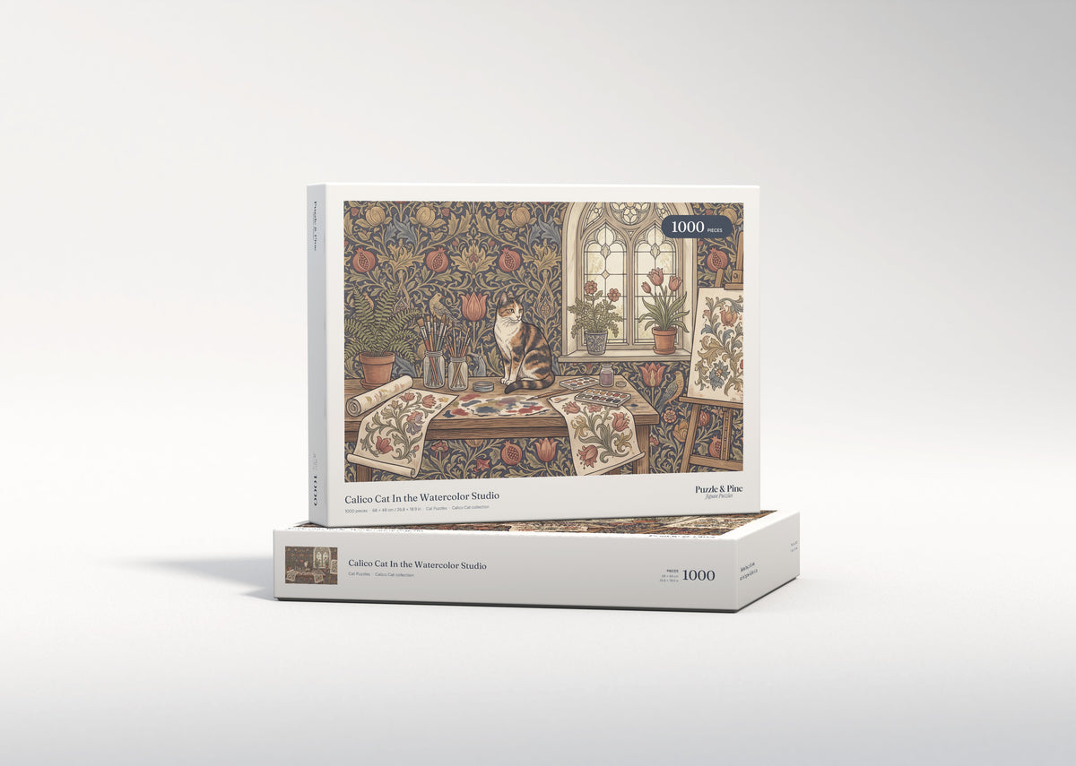 Calico Cat In the Watercolor Studio jigsaw puzzle - gift box