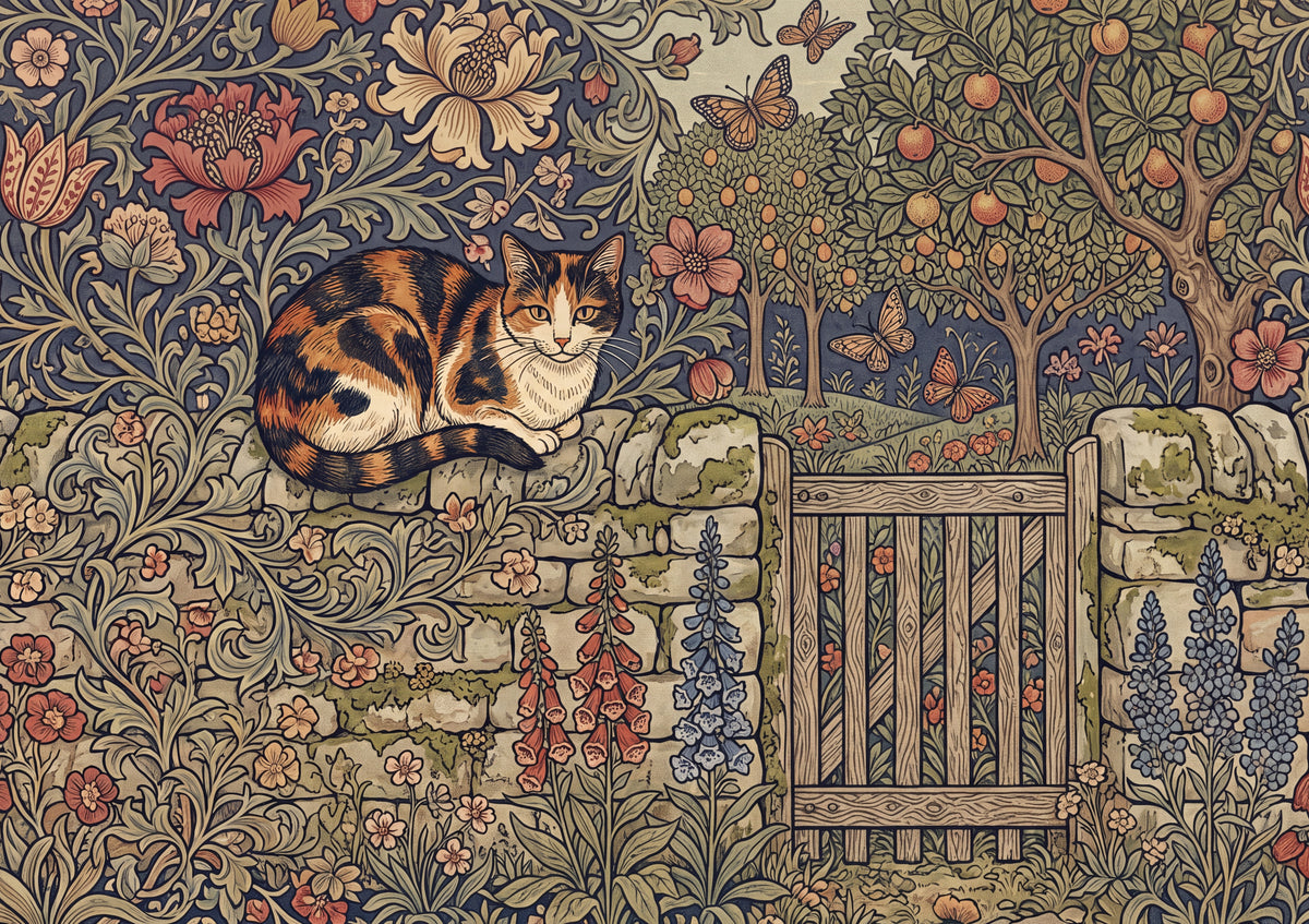 Calico Cat On the Garden Stone Wall jigsaw puzzle