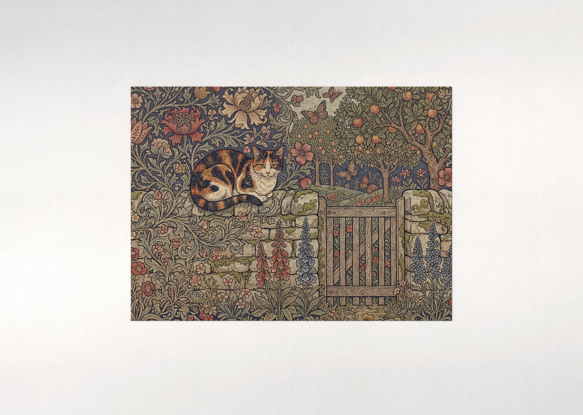 Calico Cat On the Garden Stone Wall jigsaw puzzle - flat puzzle