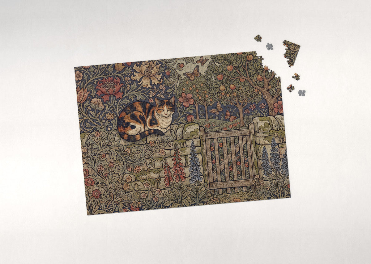 Calico Cat On the Garden Stone Wall jigsaw puzzle - puzzle with loose pieces