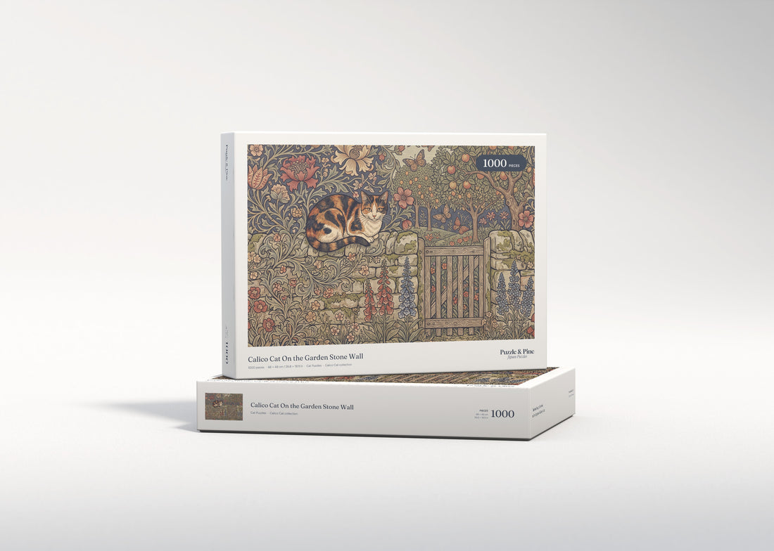 Calico Cat On the Garden Stone Wall jigsaw puzzle - gift box
