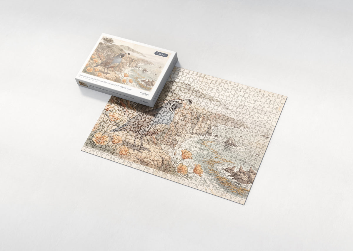California State Bird and Flower: California Quail and California Poppy jigsaw puzzle - box and puzzle