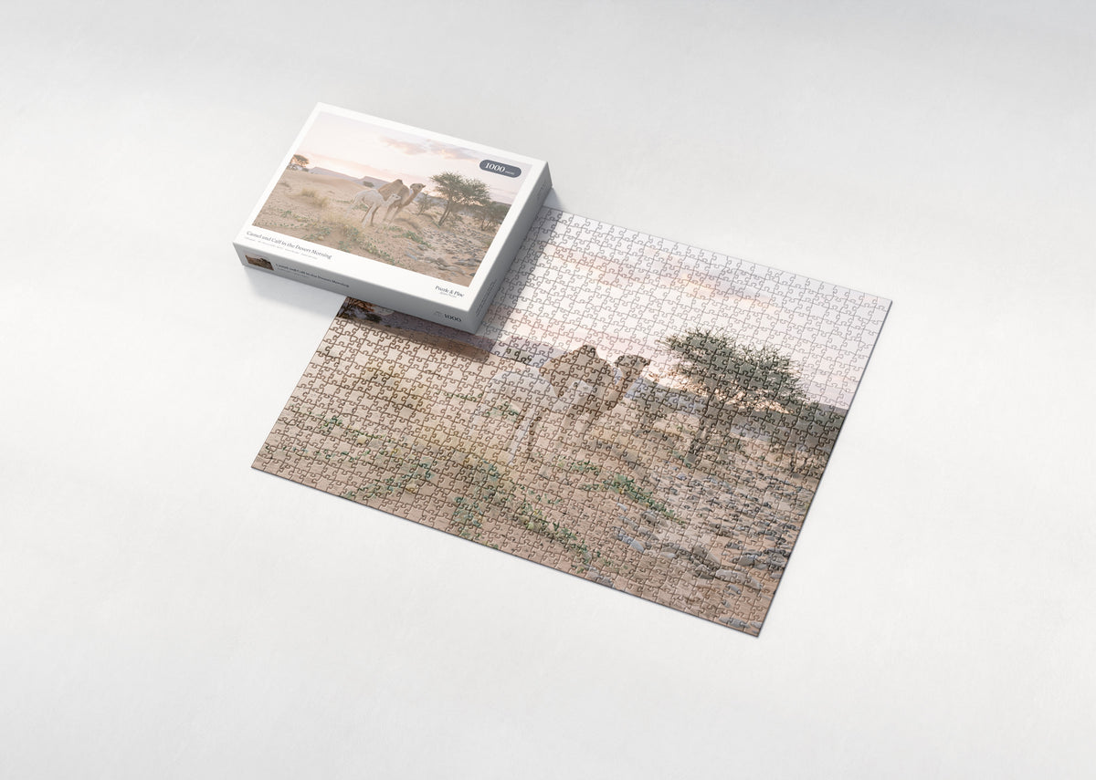 Camel and Calf in the Desert Morning jigsaw puzzle - box and puzzle