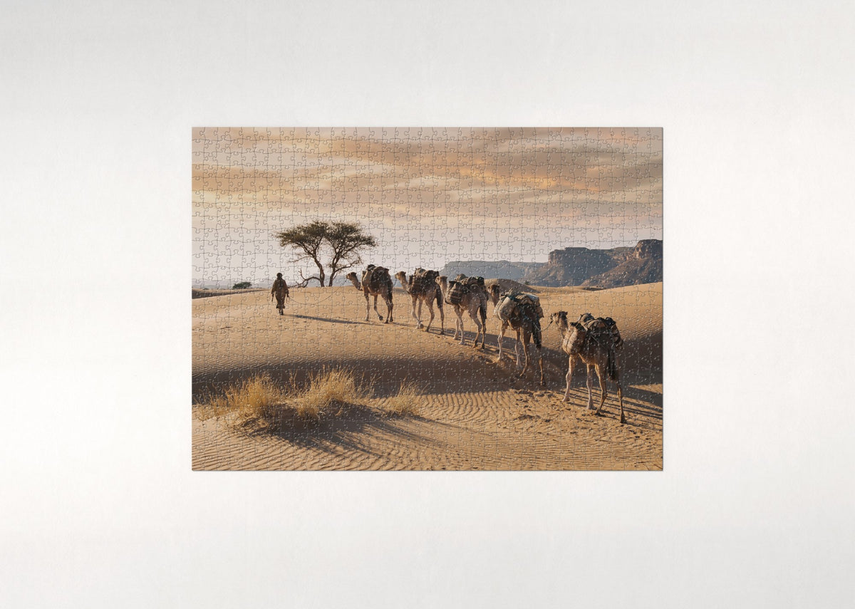 Camel Caravan at the Desert Sunset jigsaw puzzle - flat puzzle