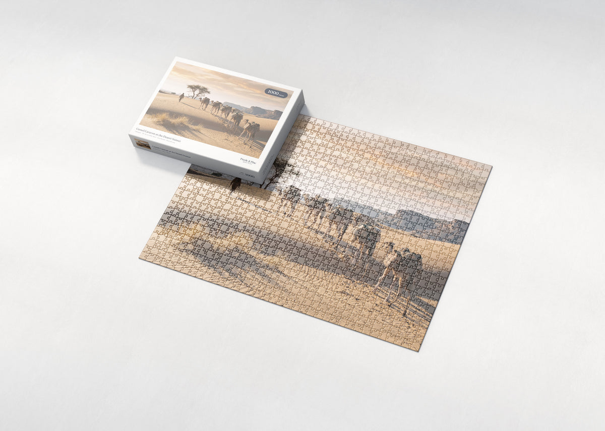 Camel Caravan at the Desert Sunset jigsaw puzzle - box and puzzle