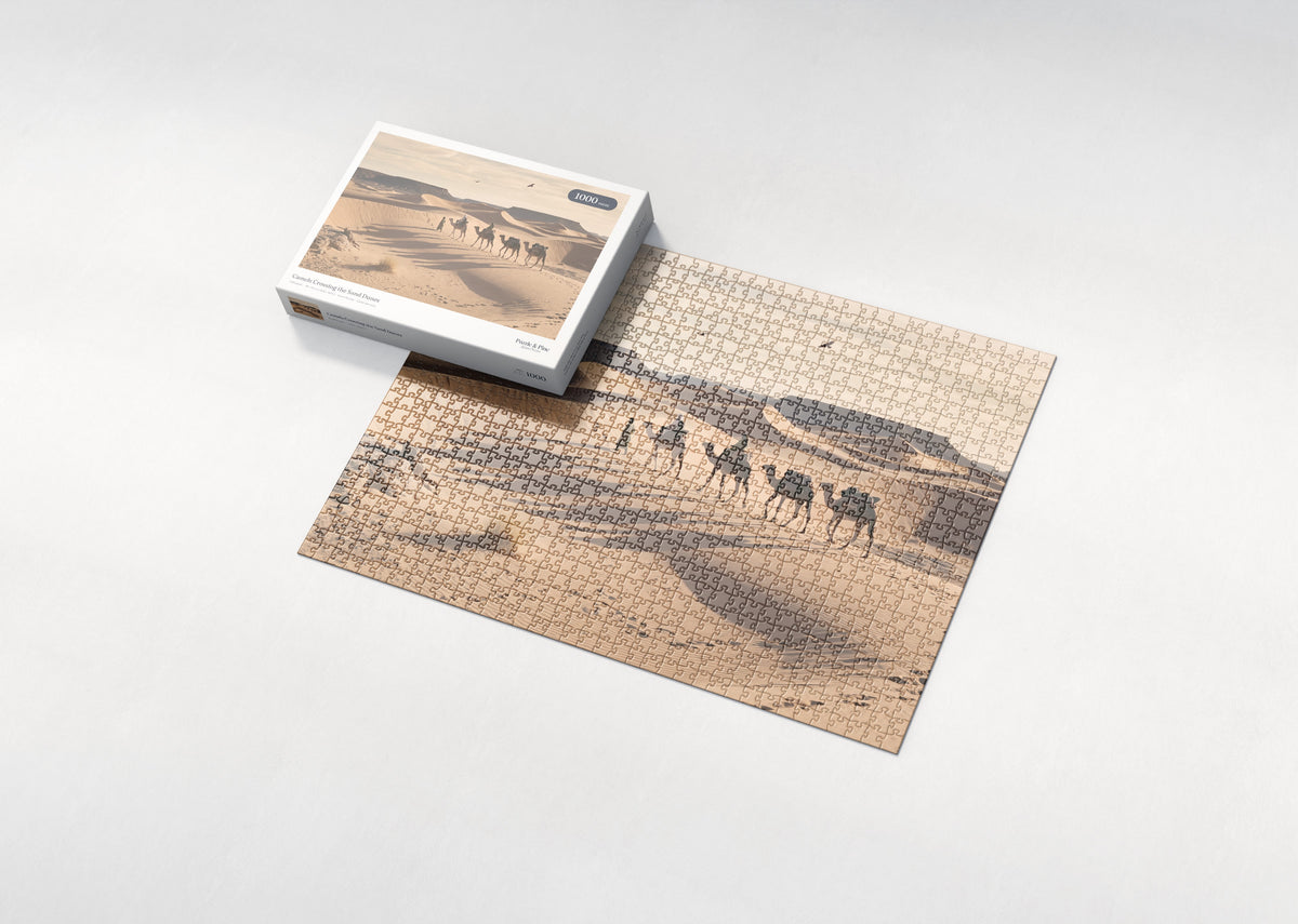 Camels Crossing the Sand Dunes jigsaw puzzle - box and puzzle
