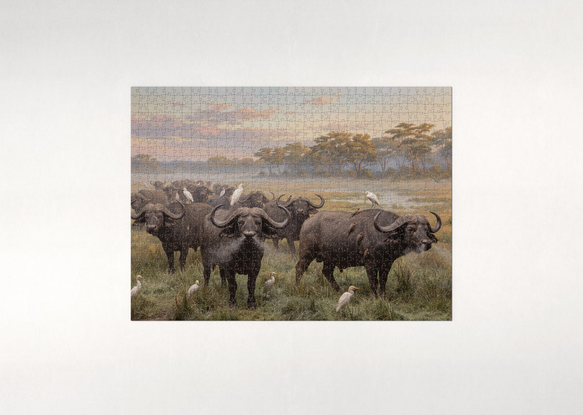 Cape Buffalo Herd at Dawn jigsaw puzzle - flat puzzle