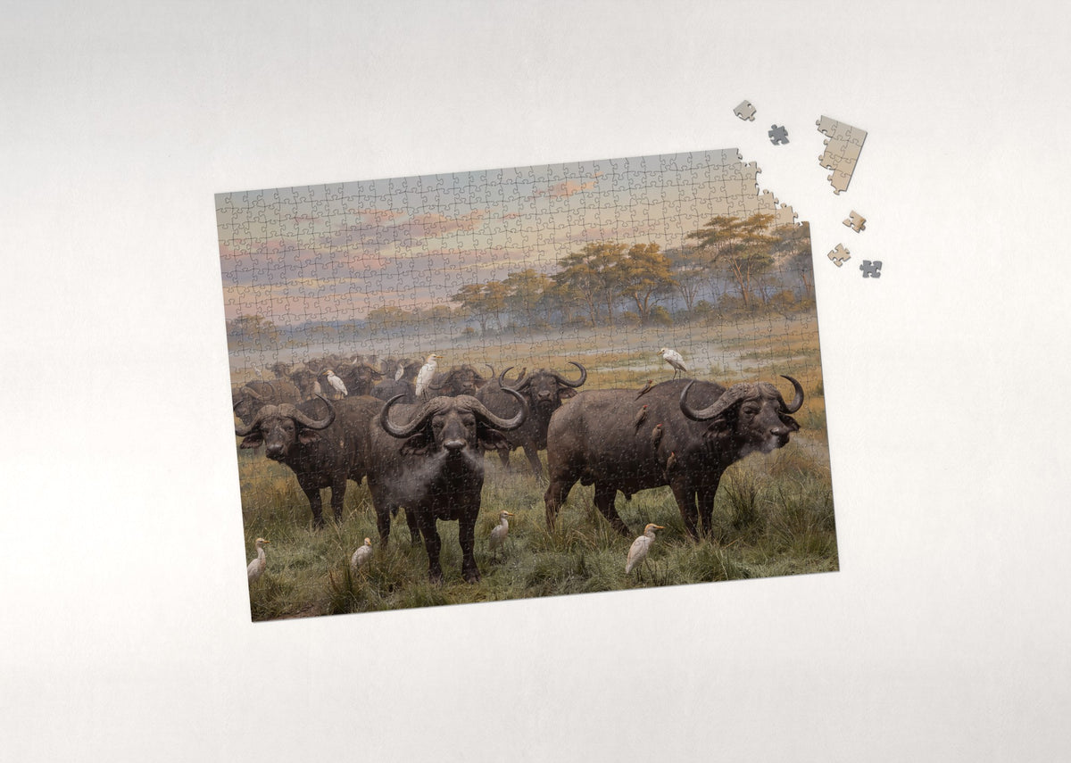Cape Buffalo Herd at Dawn jigsaw puzzle - puzzle with loose pieces